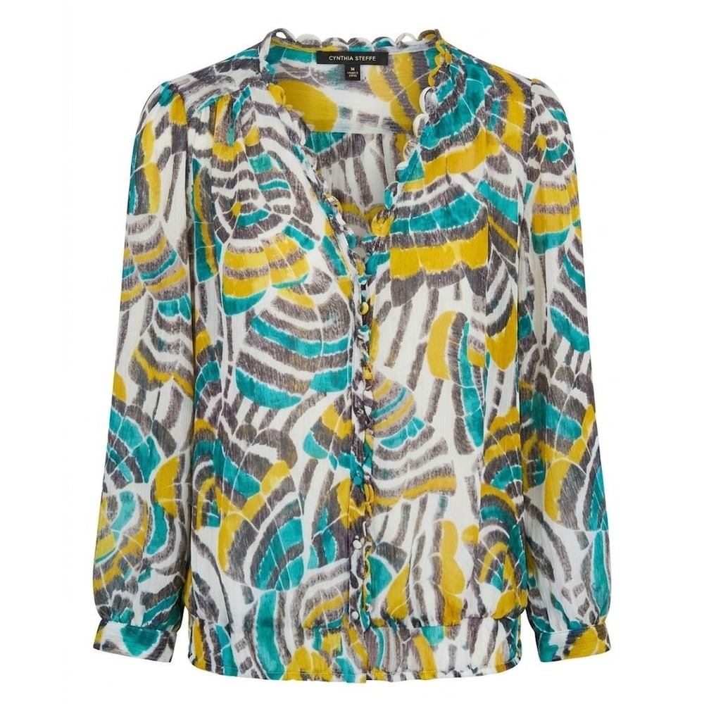 Cynthia Steffe Blouse Womens Sheer Printed Long Sleeve‎ Ruffled V-Neck Top M